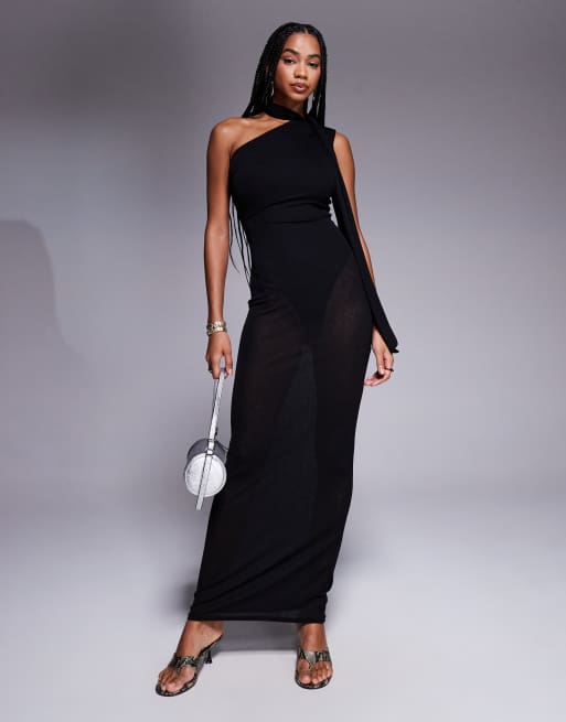 Kaiia exclusive double layered slinky mesh scarf detail sheer hem maxi dress in black