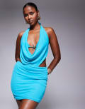 [Kaiia] Kaiia exclusive double layered slinky mesh starfish trim halterneck bra detail mini dress in blue 10 BLUE
