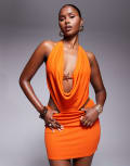 [Kaiia] Kaiia exclusive double layered slinky mesh starfish trim halterneck bra detail mini dress in orange 12 ORANGE