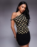 [Kaiia] Kaiia exclusive double layered slinky mesh twist off shoulder top in black and yellow polka dot-Multi 4 Black and yellow