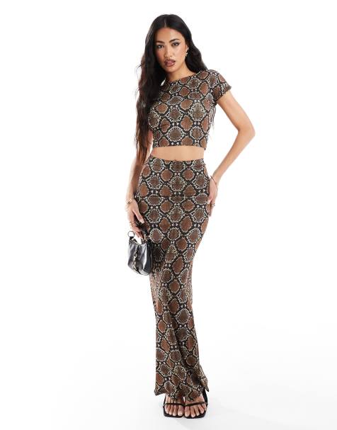 Kaiia exclusive double layered slinky mix & match column maxi skirt co-ord in snake 