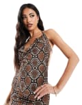 [Kaiia] Kaiia exclusive double-layered slinky mix & match cowl neck tie back top in snake print-Brown 6 SNAKE