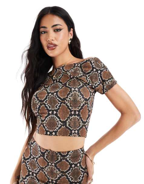 Kaiia exclusive double layered slinky mix & match high neck sleeveless low back top co-ord in snake 