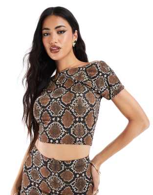 exclusive double layered slinky mix & match high neck sleeveless low back top in snake - part of a set-Brown