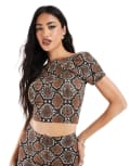 [Kaiia] Kaiia exclusive double-layered slinky mix & match high neck sleeveless low back top in snake (Part of a set)-Brown 10 SNAKE