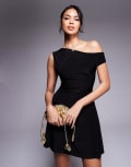 [Kaiia] Kaiia exclusive double-layered slinky off-shoulder drape detail fitted waist mini skater dress in black 6 BLACK