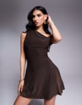 [Kaiia] Kaiia exclusive double-layered slinky off-shoulder drape detail fitted waist mini skater dress in chocolate brown 6 Chocolate