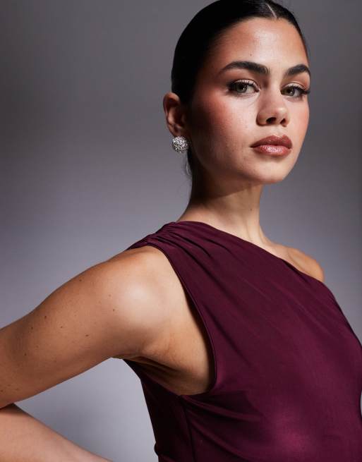 Kaiia exclusive double layered slinky off shoulder drape detail fitted waist mini skater dress in dark cherry