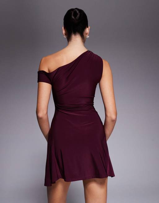 Kaiia exclusive double layered slinky off shoulder drape detail fitted waist mini skater dress in dark cherry