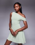 [Kaiia] Kaiia exclusive double-layered slinky off-shoulder drape detail fitted waist mini skater dress in sage-Green 6 Sage