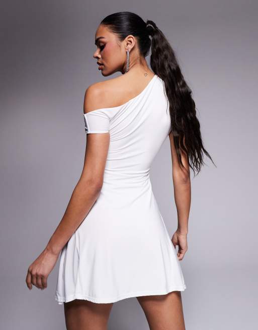 Kaiia slinky off shoulder drape detail fitted waist mini skater dress in white