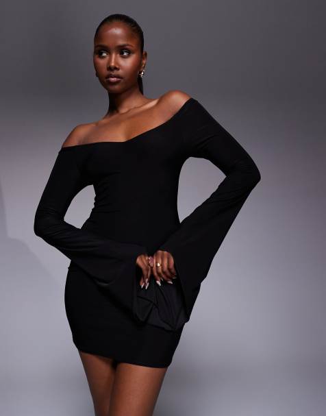 Kaiia exclusive double layered slinky off shoulder fluted drape sleeve mini dress in black - view 1