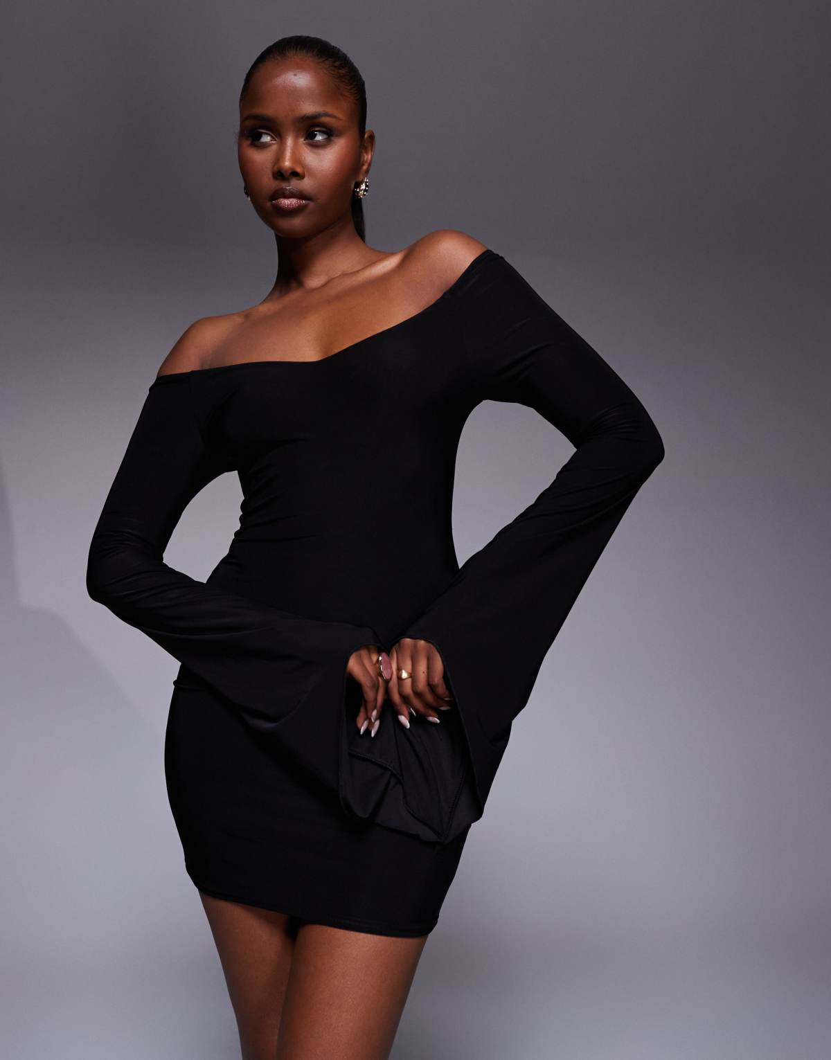 Kaiia exclusive double layered slinky off shoulder fluted drape sleeve mini dress in black