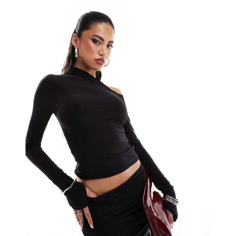 Kaiia exclusive double layered slinky off shoulder long sleeve