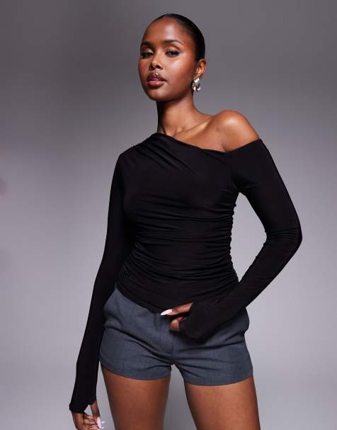 Kaiia exclusive double layered slinky off shoulder long sleeve thumb hole top in black - view 1