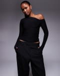 [Kaiia] Kaiia exclusive double-layered slinky off-shoulder long-sleeve thumb-hole top in black 8 BLACK