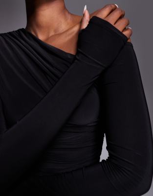 Kaiia Exclusive Double Layered Slinky Off Shoulder Long Sleeve Thumb Hole Top