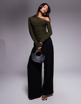 Kaiia Exclusive Double Layered Slinky Off Shoulder Long Sleeve Thumb Hole Top
