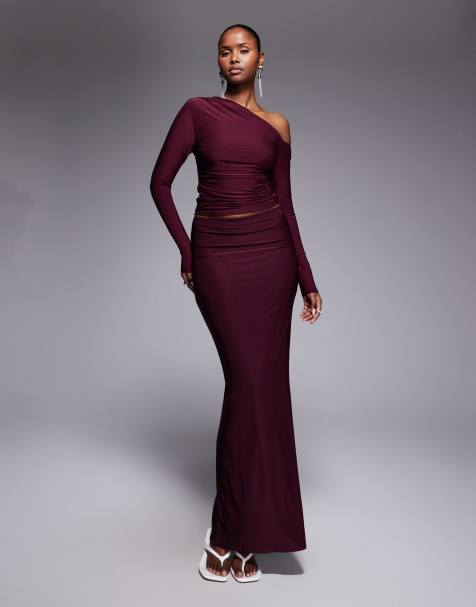 Kaiia exclusive double layered slinky off shoulder long sleeve top and maxi skirt co-ord in dark cherry - view 1