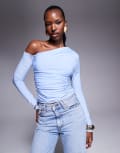 [Kaiia] Kaiia exclusive double-layered slinky off-shoulder long sleeve top in baby blue 6 BLUE