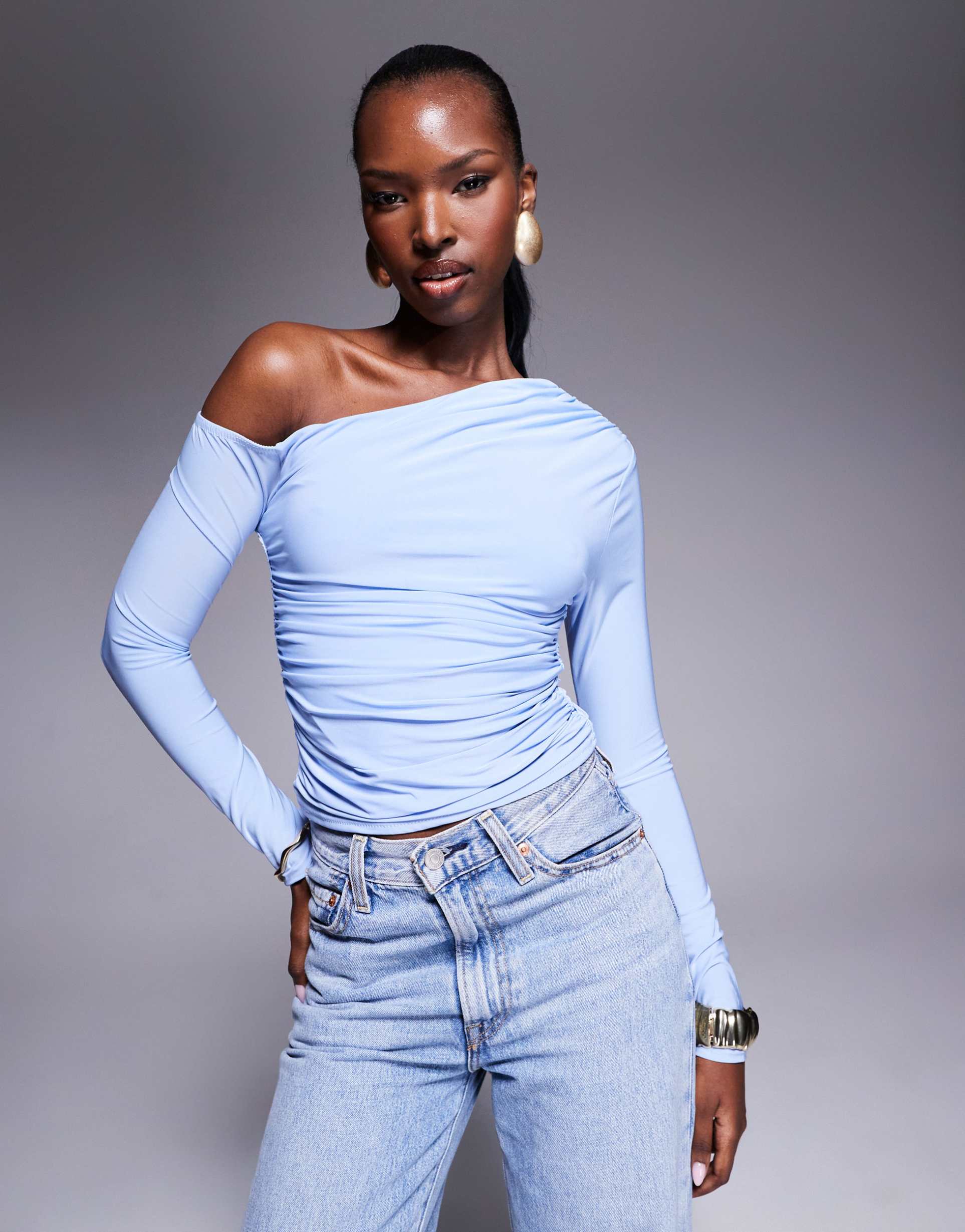 kaiia exclusive double layered slinky off shoulder long sleeve top in baby blue