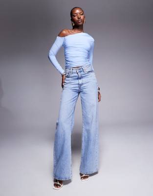 kaiia exclusive double layered slinky off shoulder long sleeve top in baby blue