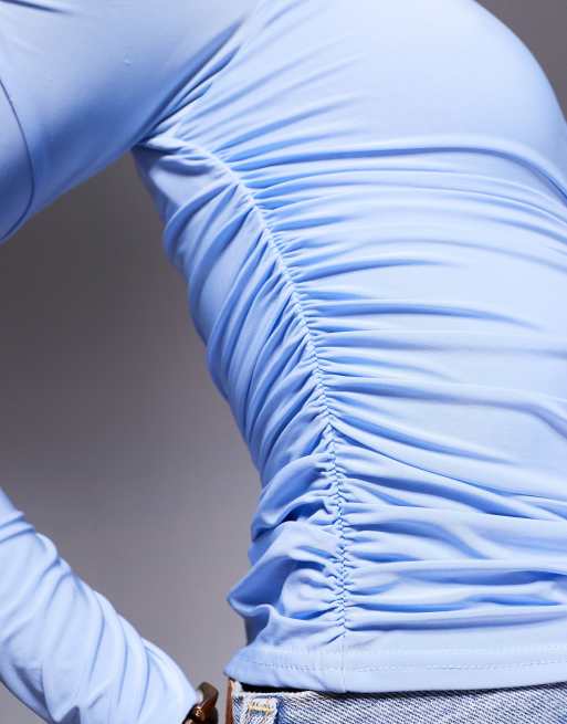 Kaiia exclusive double-layered slinky off-shoulder long sleeve top in baby blue , 4 of 4