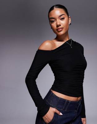 Kaiia exclusive double layered slinky off shoulder long sleeve top in black