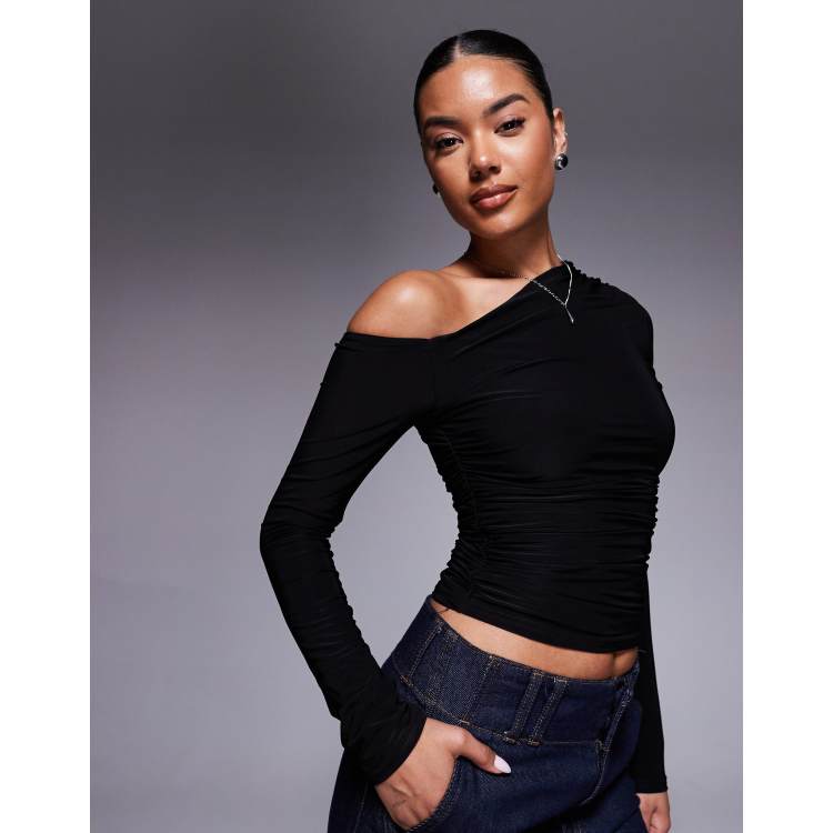 Kaiia exclusive double layered slinky off shoulder long sleeve top