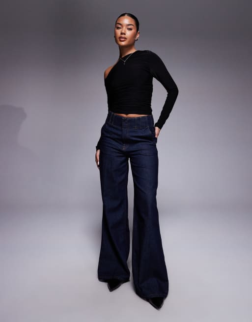 Kaiia exclusive double layered slinky off shoulder long sleeve top in black