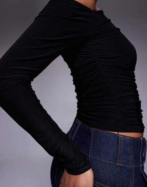 Kaiia exclusive double layered slinky off shoulder long sleeve top in black