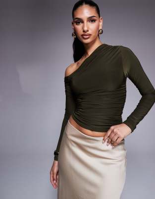 exclusive double layered slinky off shoulder long sleeve top in khaki-Green