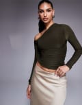 [Kaiia] Kaiia exclusive double-layered slinky off-shoulder long sleeve top in khaki-Green 6 KHAKI