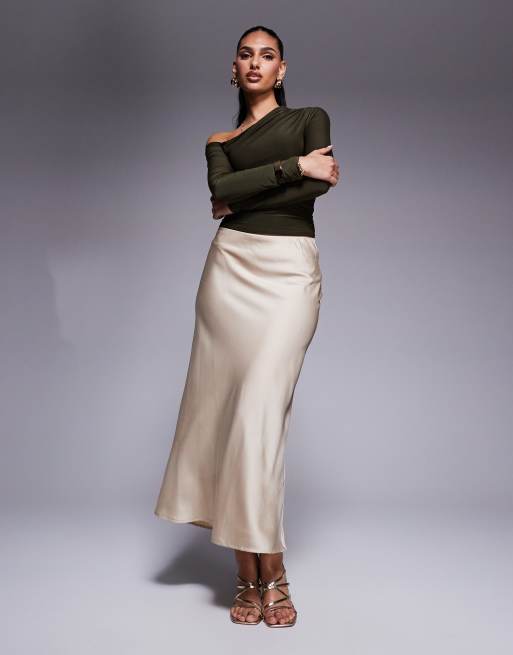 Kaiia exclusive double layered slinky off shoulder long sleeve top in khaki