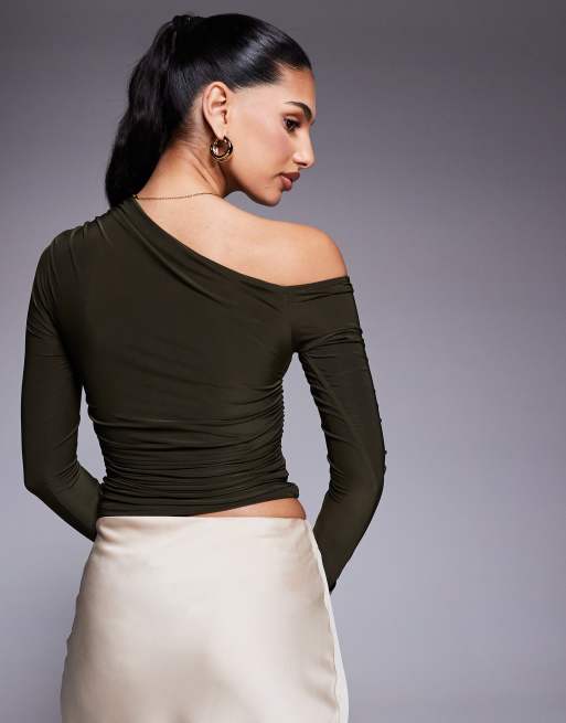 Kaiia exclusive double layered slinky off shoulder long sleeve top in khaki