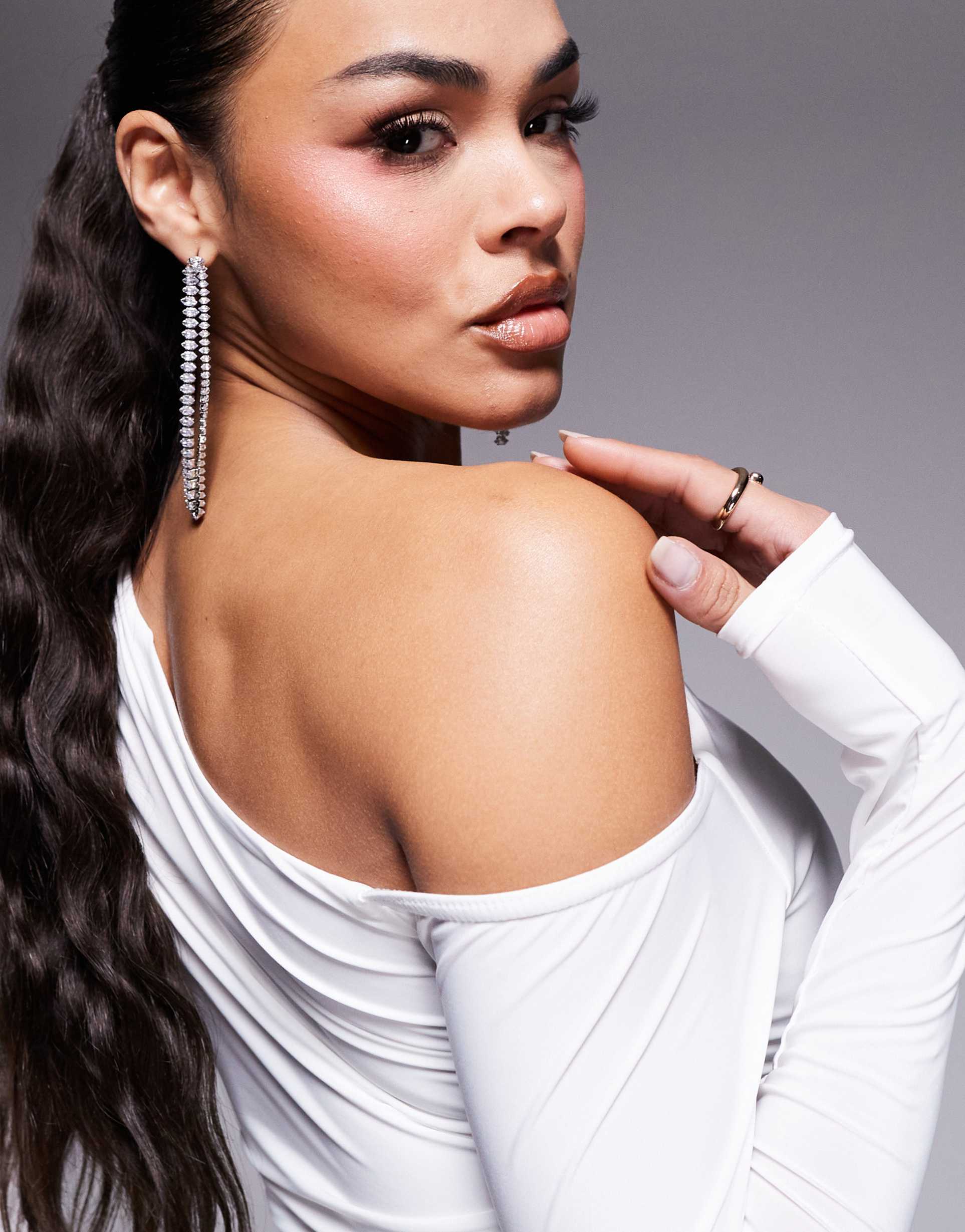 kaiia exclusive double layered slinky off shoulder long sleeve top in white