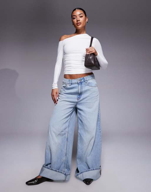 Kaiia exclusive double layered slinky off shoulder long sleeve top in white  , 3 of 4