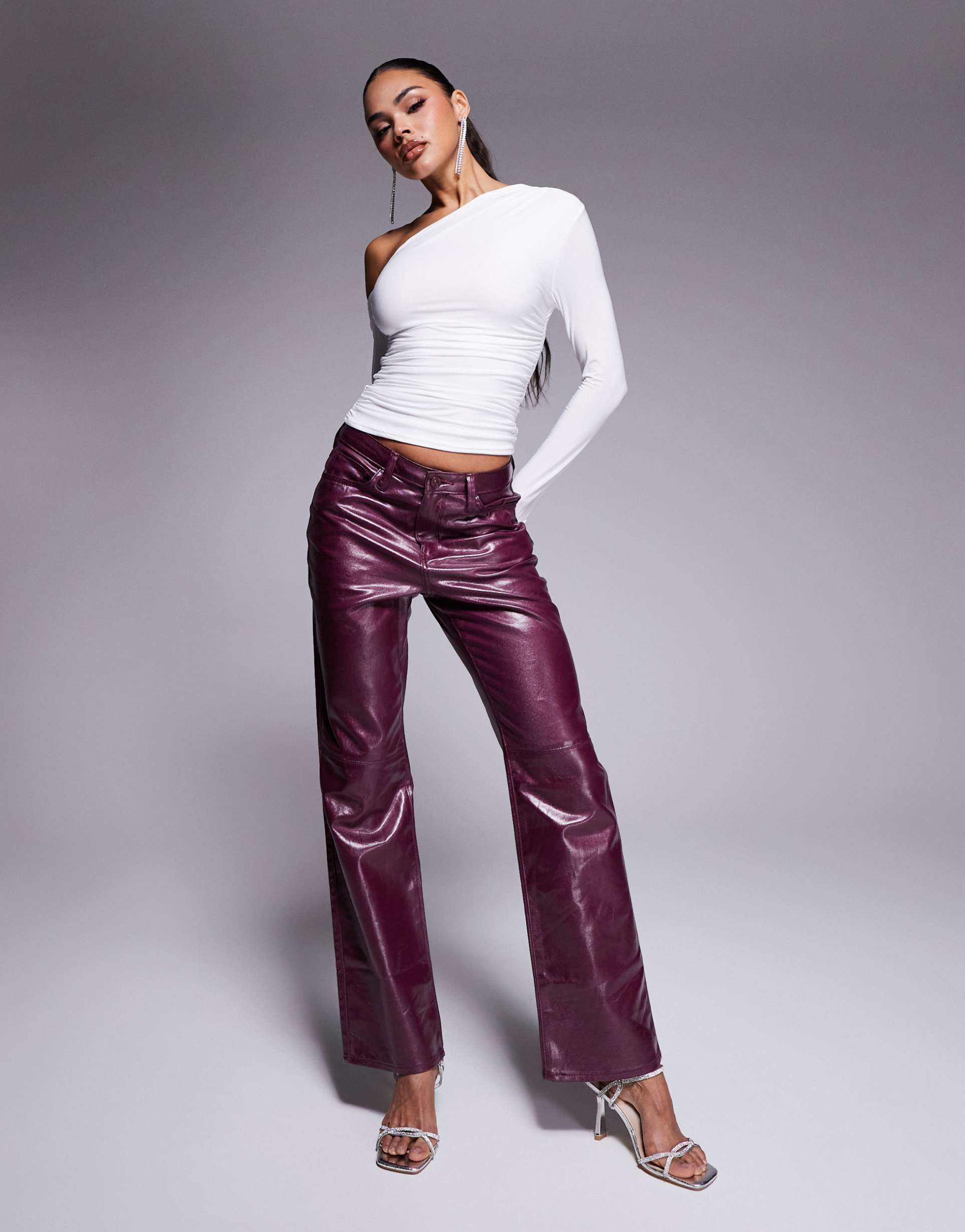 kaiia exclusive double layered slinky off shoulder long sleeve top in white