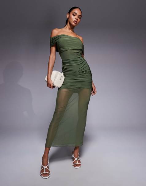 Kaiia exclusive double layered slinky off shoulder sheer mesh hem maxi dress in olive - view 1