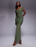 [Kaiia] Kaiia exclusive double layered slinky off shoulder sheer mesh hem maxi dress in olive-Green 6 Dark olive
