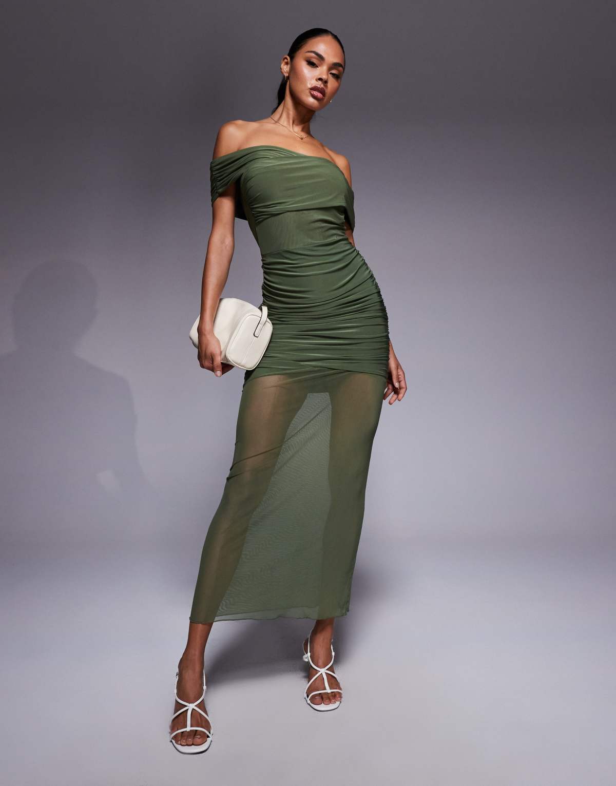 Kaiia exclusive double layered slinky off shoulder sheer mesh hem maxi dress in olive