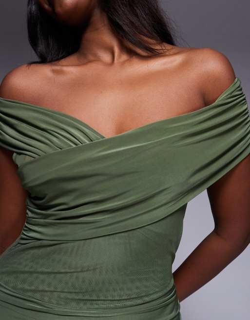 Kaiia exclusive double layered slinky off shoulder sheer mesh hem maxi dress in olive, 2 of 4