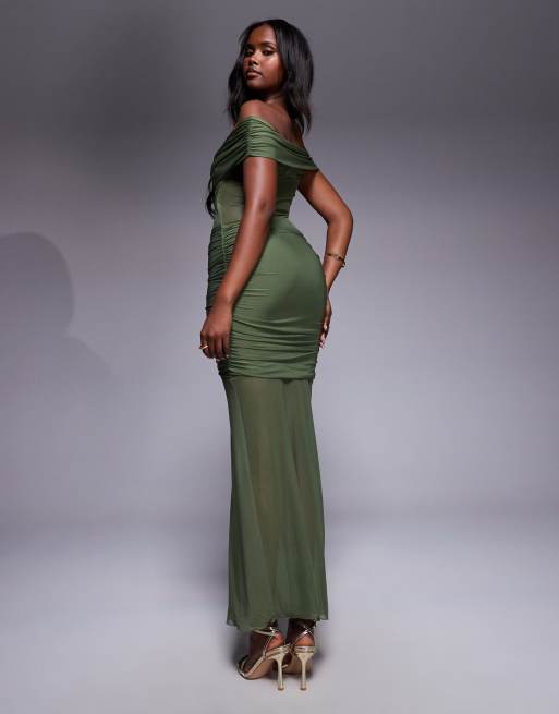 Kaiia exclusive double layered slinky off shoulder sheer mesh hem maxi  dress in olive | ASOS