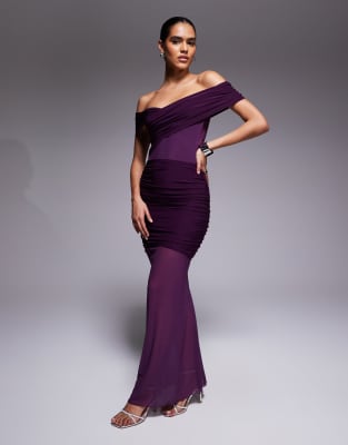 Kaiia Exclusive Double Layered Slinky Off Shoulder Sheer Mesh Hem Maxi Dress In Purple