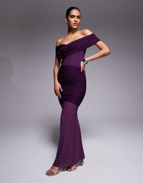 Kaiia exclusive double layered slinky off shoulder sheer mesh hem maxi dress in plum