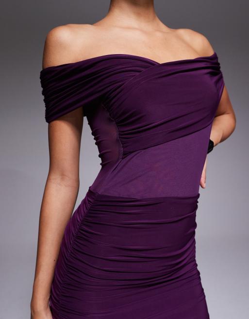 Kaiia exclusive double layered slinky off shoulder sheer mesh hem maxi dress in plum, 4 of 4