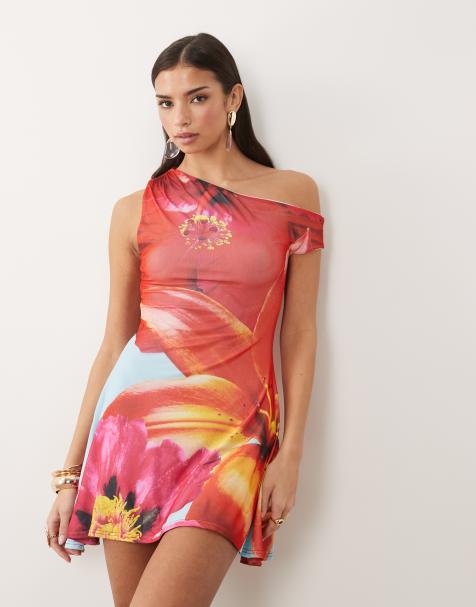 Kaiia exclusive double layered slinky off shoulder skater mini dress in aqua and pink floral - view 1