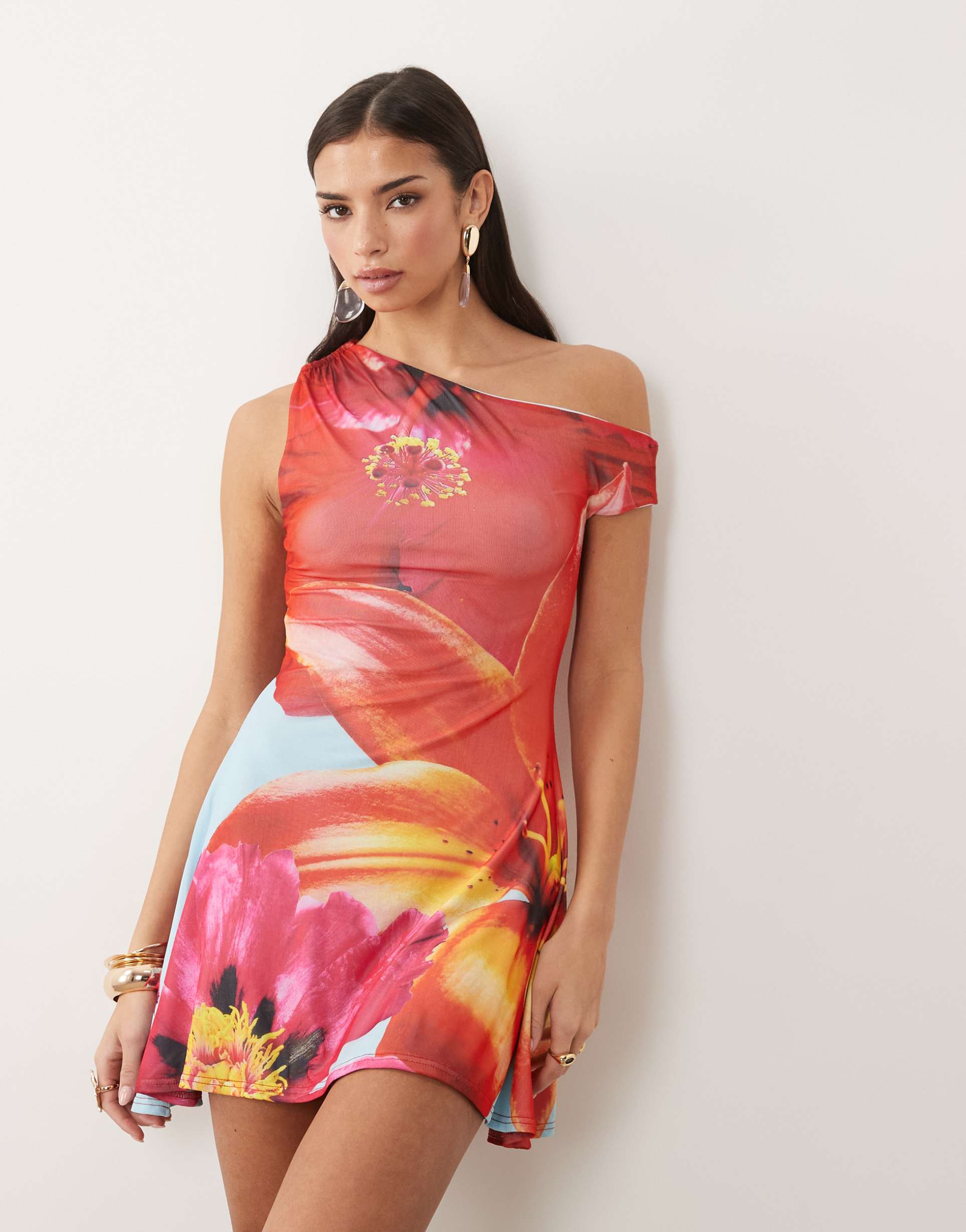 kaiia exclusive double layered slinky off shoulder skater mini dress in aqua and pink floral