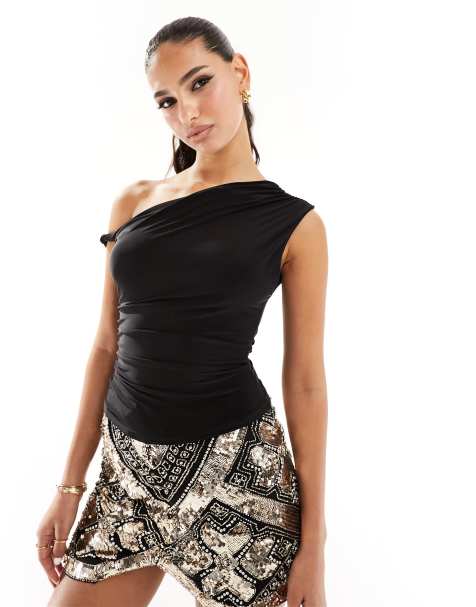 Kaiia exclusive double layered slinky off shoulder top in black - view 1