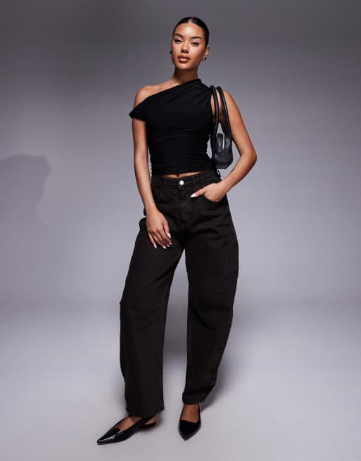 Kaiia exclusive double layered slinky off shoulder top in black